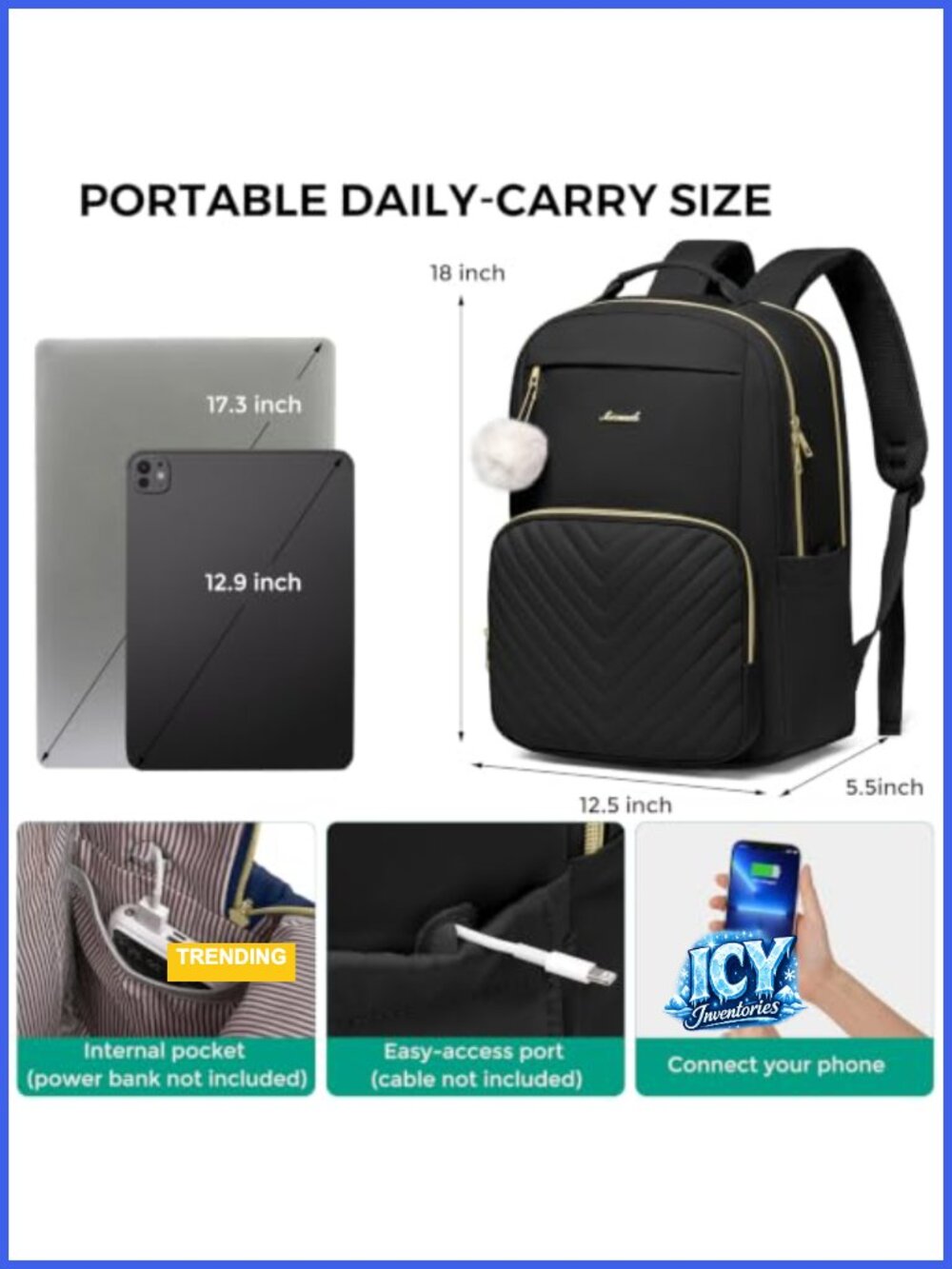 17.3" Laptop Backpack Anti Theft Large Capacity School Bookbag College Backpack - Picture 2 of 5